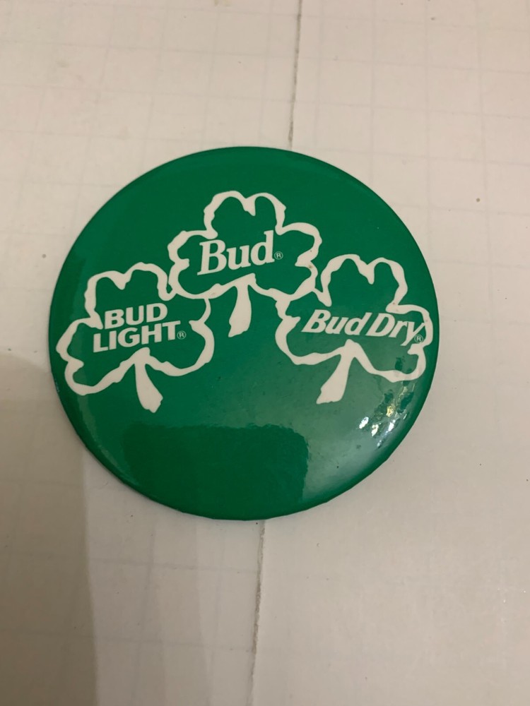 Vintage Bud Light Bud Dry Beer Pinback Button St Patrick's Day Shamrock
