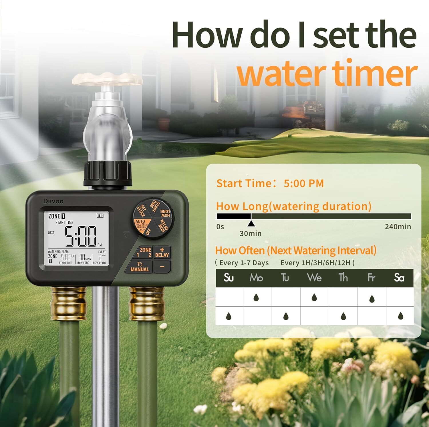 Sprinkler Timer 2 Zone Programmable Water Timer 2 Outlet for Outdoor Garden Lawn