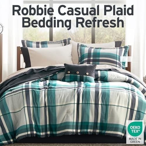 Comforter Set with Sheets, Plaid Bed in A Bag Microfiber Queen Teal/Black
