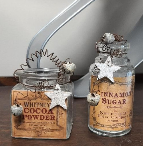 2 Little Vintage Primitive Glass Jars Cinnamon Sugar Cocoa Wire Stars