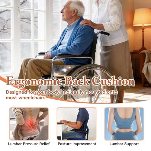 Wheelchair Back Cushion, Supportive Lumbar Pillow with Adjustable Straps,