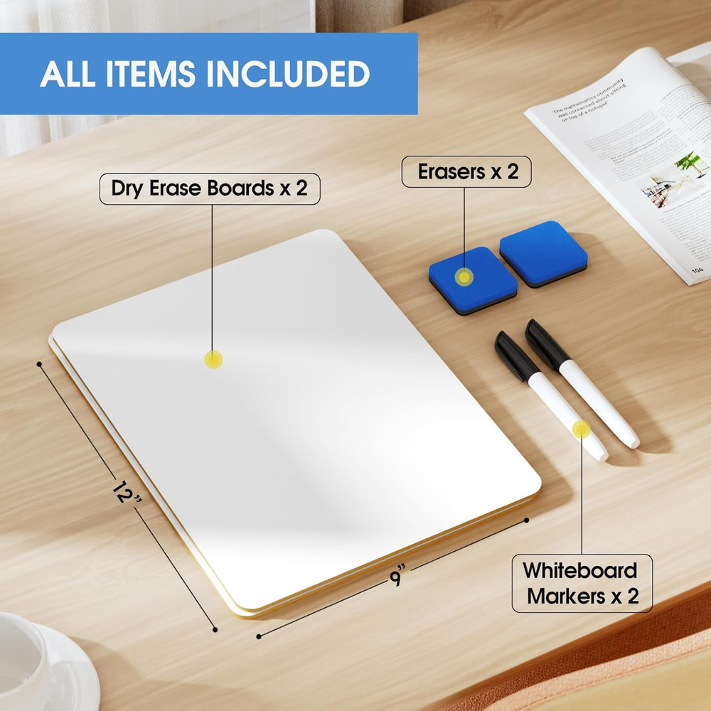Small White Board 2 Pack Dry Erase Boards, 9''X 12'' Mini White Board Double Sid