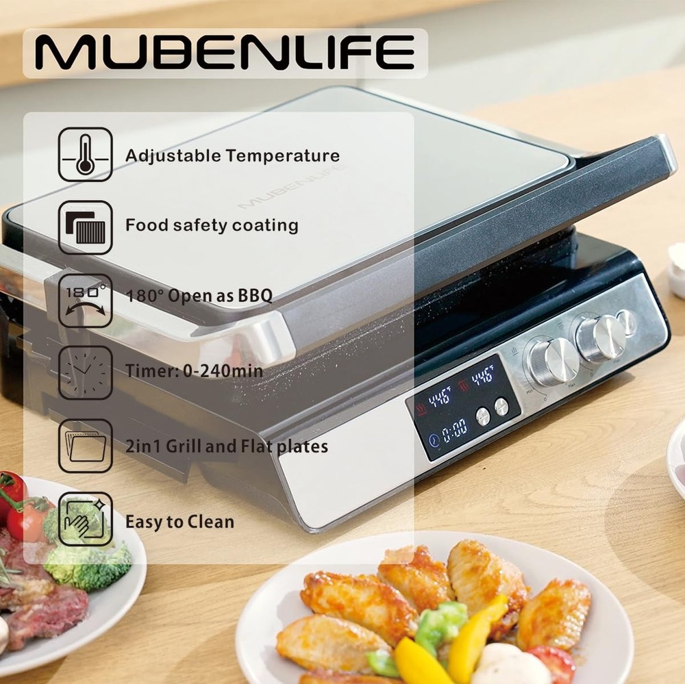 Panini Press 4 Slice Contact Grill Digital Timer Removable Plates 180Open Silver