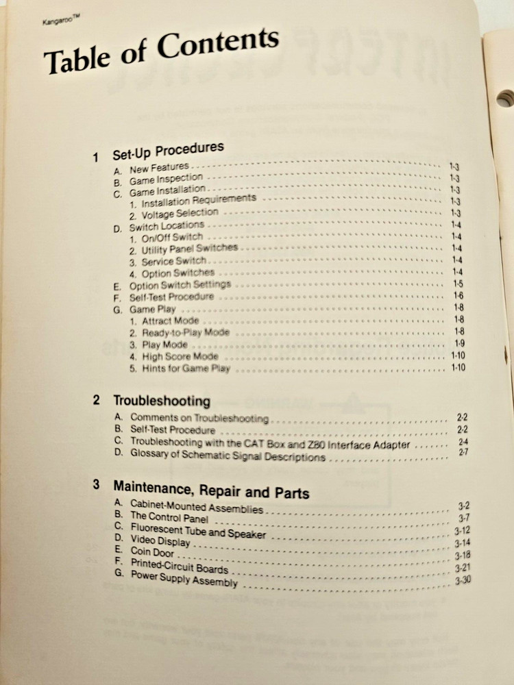 ATARI KANGAROO VIDEO GAME OPERATION, MAINTENANCE & SERVICE MANUAL W SCHEMATICS +
