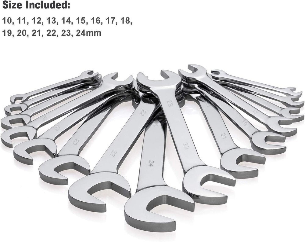 15-Piece Premium Angle Head Open End Wrench Set, Chrome Vanadium Steel