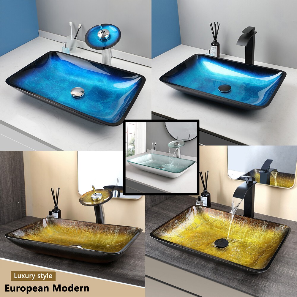 Rectangular Bathroom Glass Vessel Sinks Blue Basin Bowls Combos Faucet And Drain