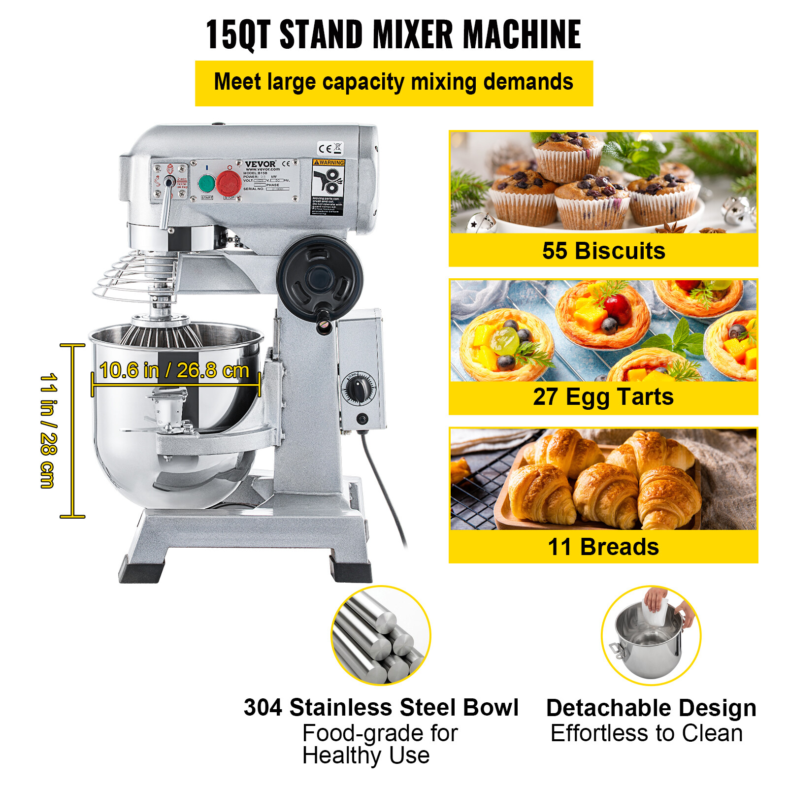 VEVOR Commercial Food Mixer 15Qt Dough Mixer 3 Speeds Electric 30 Minute Timer