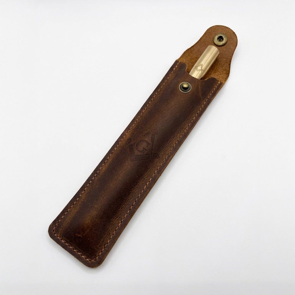 Brushed Gold Anodized Aluminum Masonic Pen with Leather Case