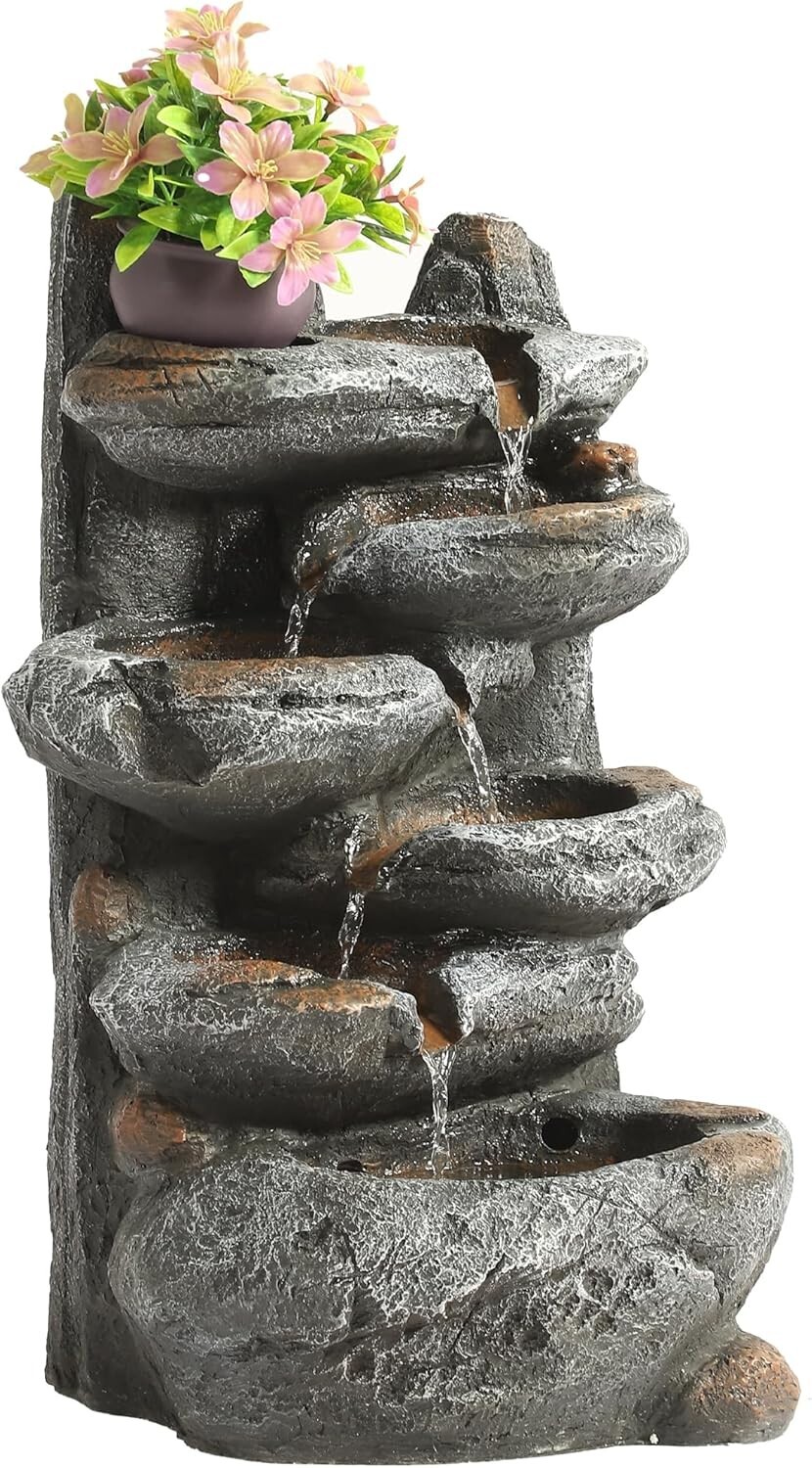 6-Tier Cascading Rock Outdoor Garden Water Fountain with Lights