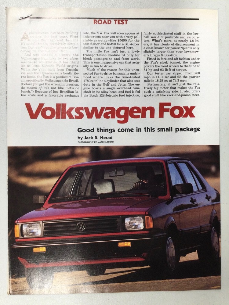 MISC1914 Vintage Article Road Test 1987 Volkswagen Fox Feb 1987 3 page