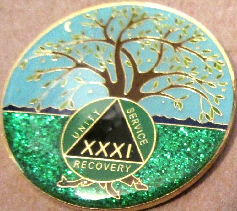 Tree - Blue green SPARKLE Alcoholics Anonymous 31 year AA Medallion Coin Token