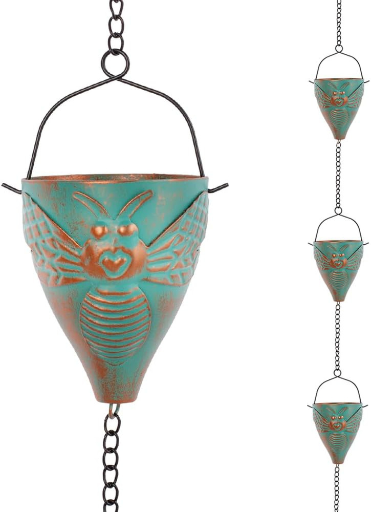 10 FT Rain Chain with Bee Pattern Cups Adjustable Decorative Gutter Rain Catch