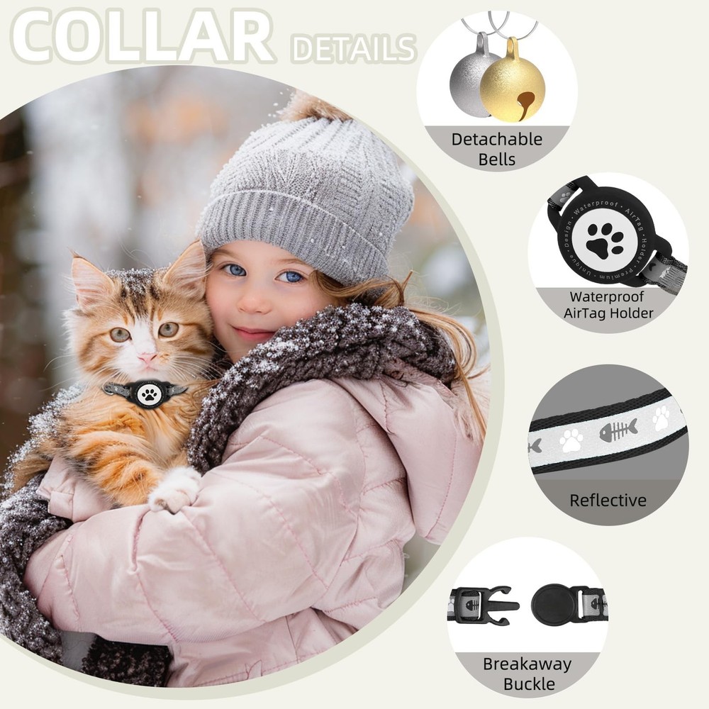 Waterproof Airtag Cat Collar, Reflective Collar with Bell, Black