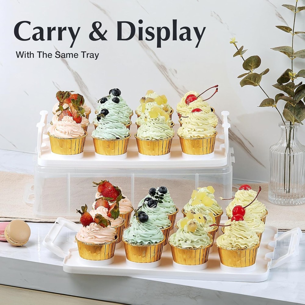 Plastic Cupcake Carrier 24 Count, 2-Layer Cupcake Holder Carries with Lid & H...