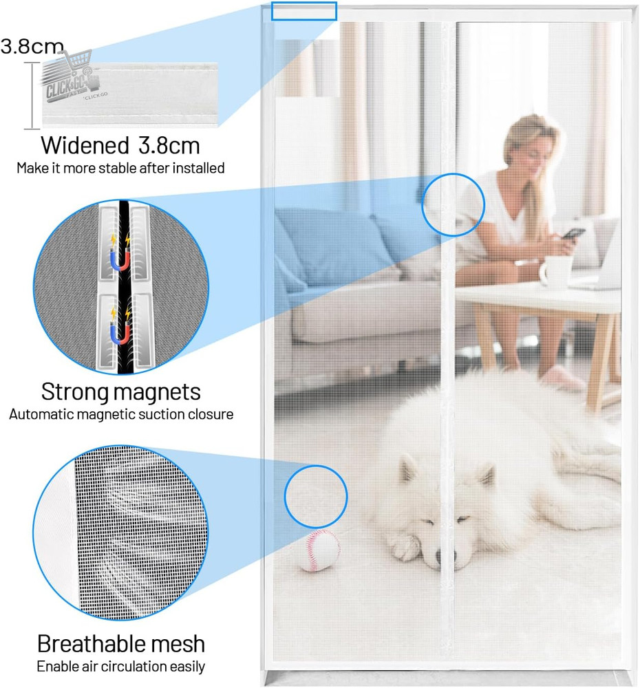 Magnetic mosquito net 95x210cm white: fine net for doors, automatic closing