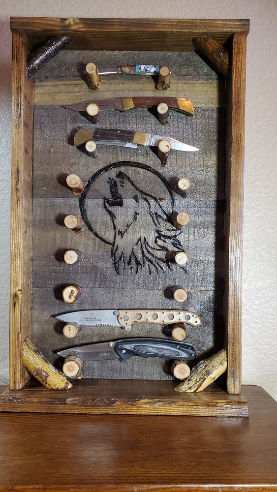Rustic Wood Pocket Knife Display Case - Howling Wolf image - #151