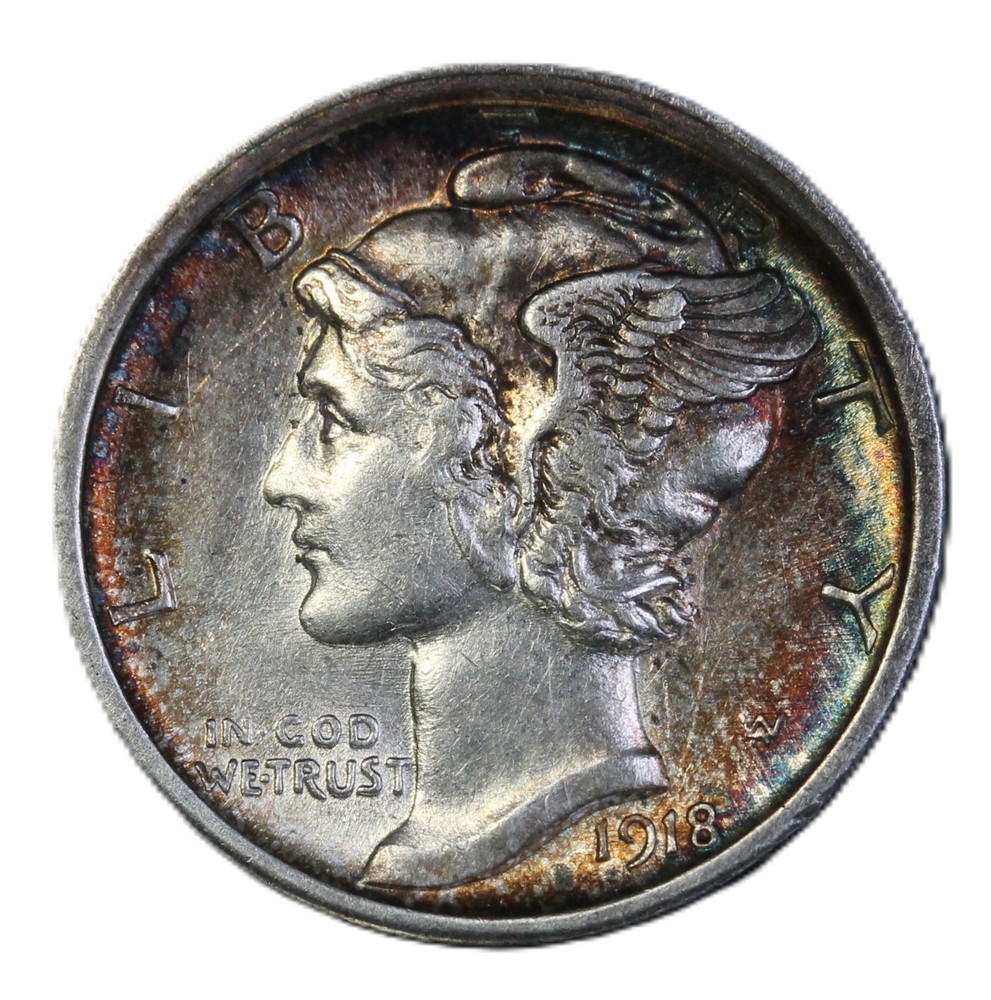 1918 S Mercury Dime - Stunning Rainbow Toning Choice UNC- JAM- 602