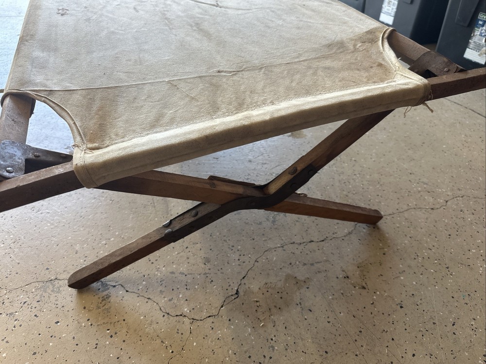Vintage ARMY Cot Folding Canvas Wood Frame Metal Brackets