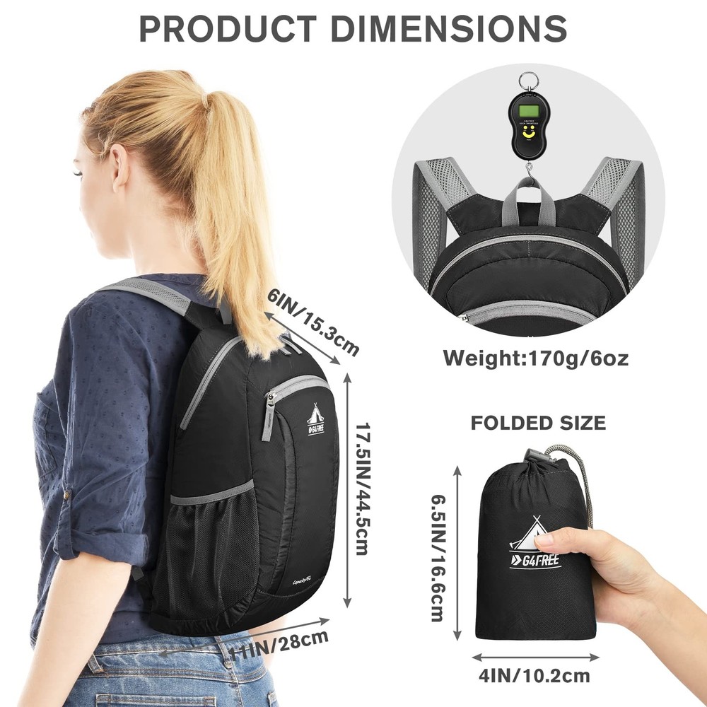 G4Free 16L Hiking Daypack, Lightweight Packable Small Backpack for 16L, Black