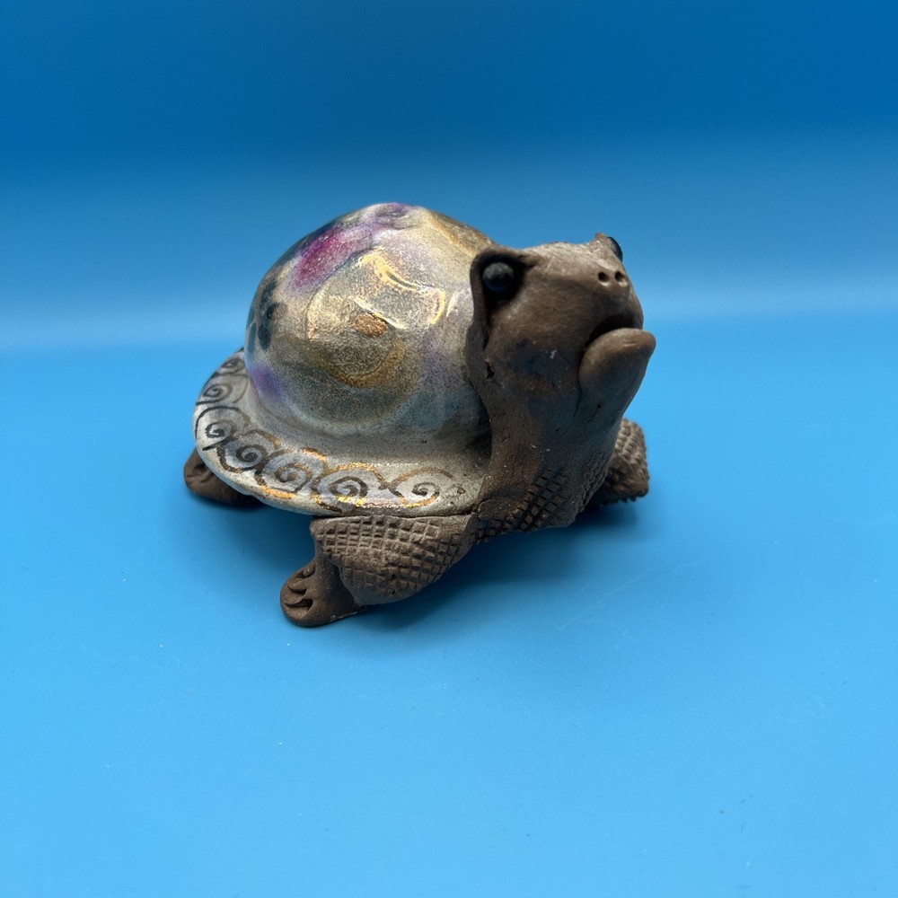 Handmade Turtle Tortoise Figurine With Glazed Iridescent Shell Pottery Head Up