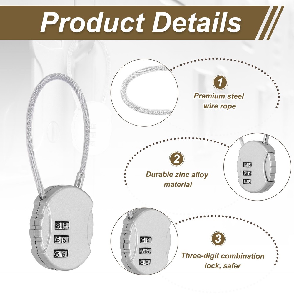 2-Pack Combination Padlock, 3 Digit Round Shaped Cable Luggage Lock [Silver]