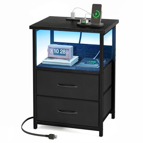 Night Stand with Charging Station, 23.6"H (2 drawers) Black Power+Light (1pc)