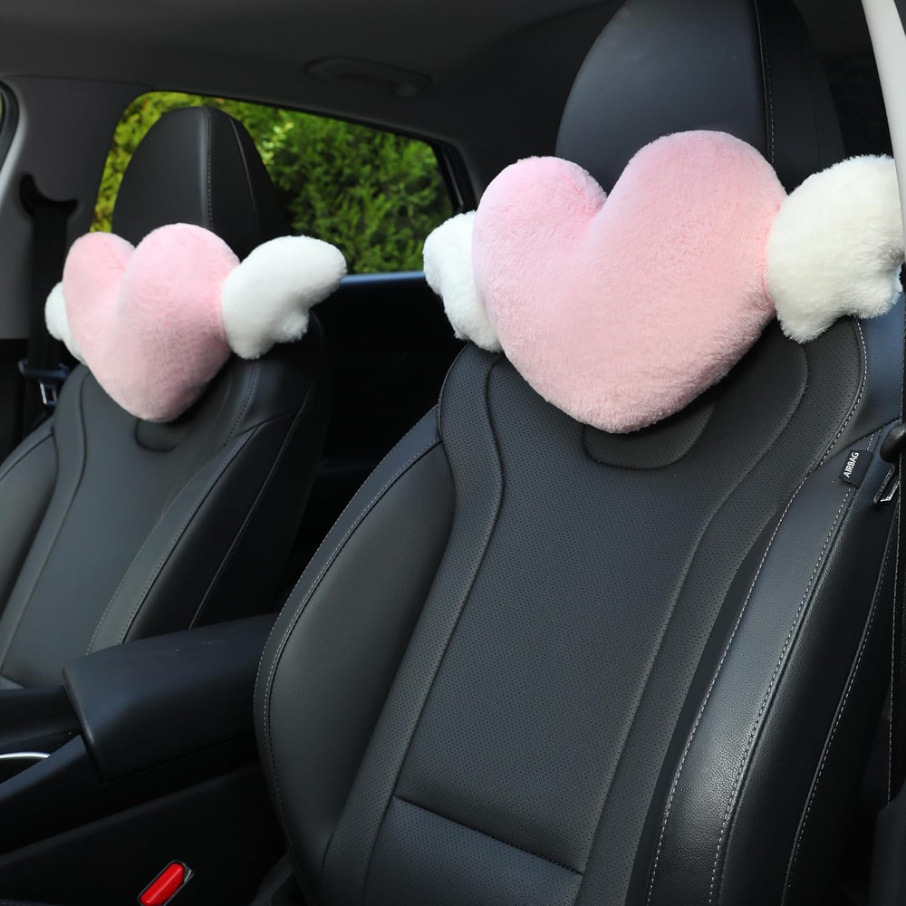 2 Pack Heart Shaped Cute Car Headrest Pillow with Angel Wings - Comfortable Soft
