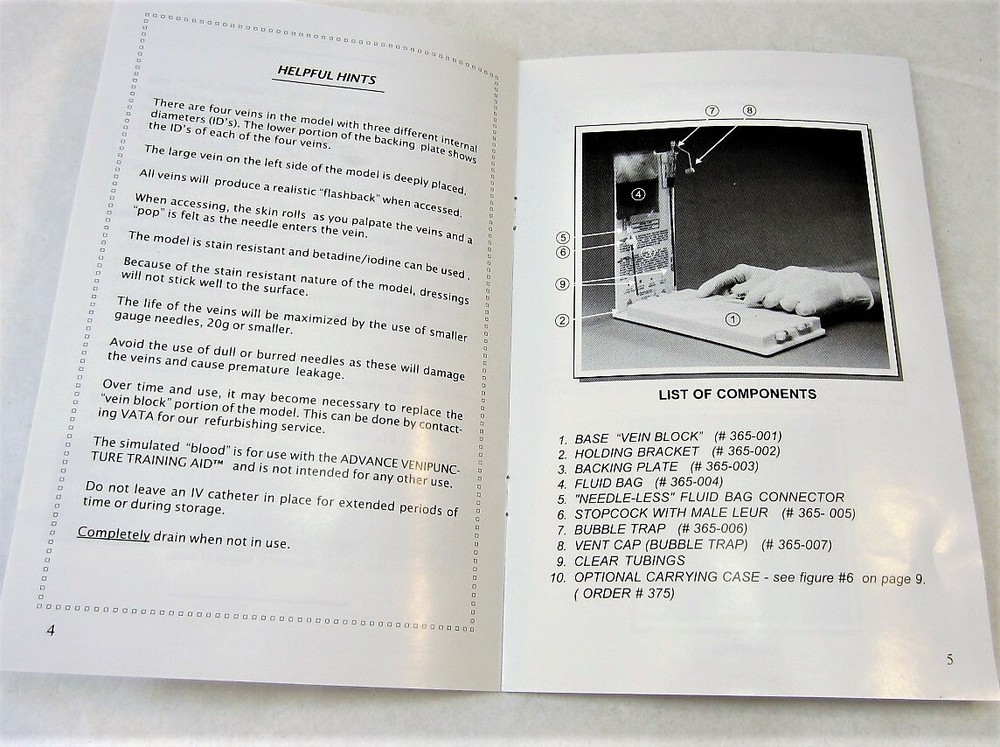 Ventipuncture Training Aid Instruction Manual #365 Vata Inc. New
