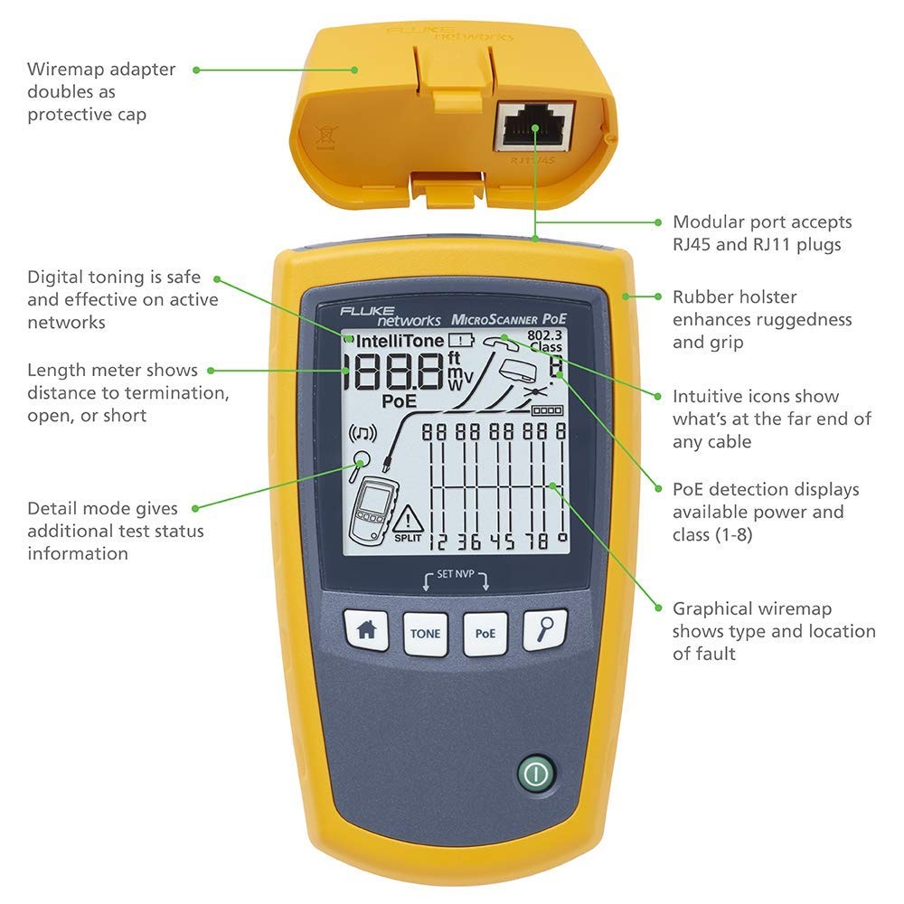 Fluke Networks 5018513 MS-POE-KIT MicroScanner Copper Cable Verifier &PoE tester