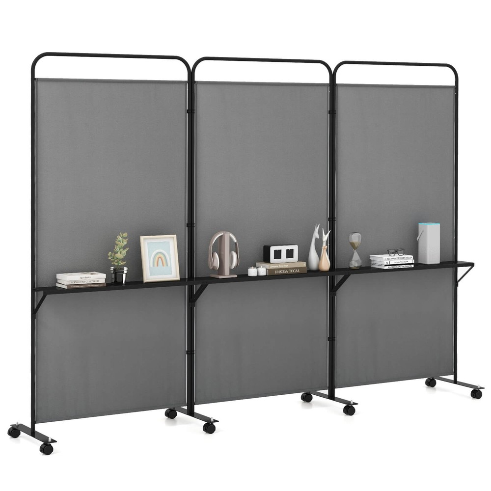 3-Panel Room Divider w/ Storage Shelves 6FT Tall Folding Privacy Screen on