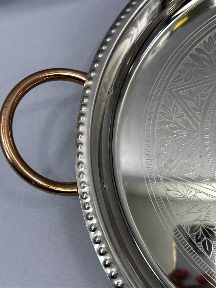 Vintage Large 16.5” Silverplate Silver Round Serving Tray w/Copper Handles India