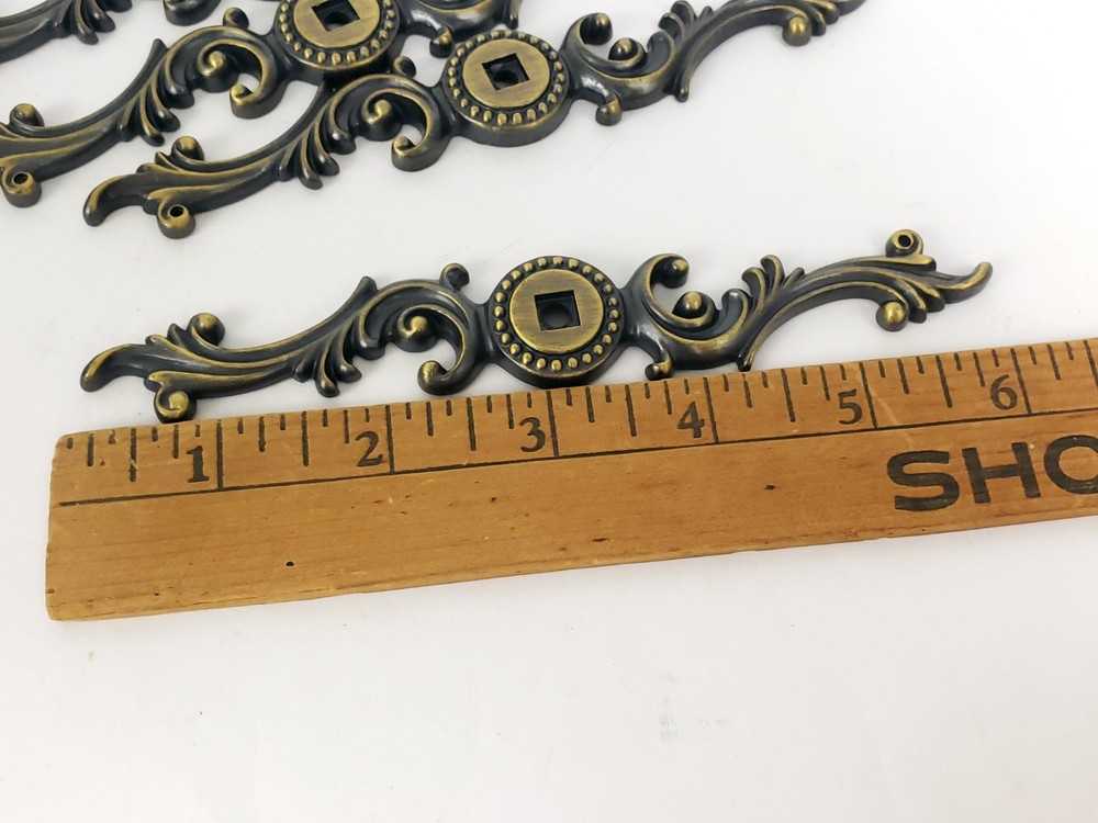 4 French Provisional Backplate Vintage Cabinet Pull Knobs Antique Finish 6"