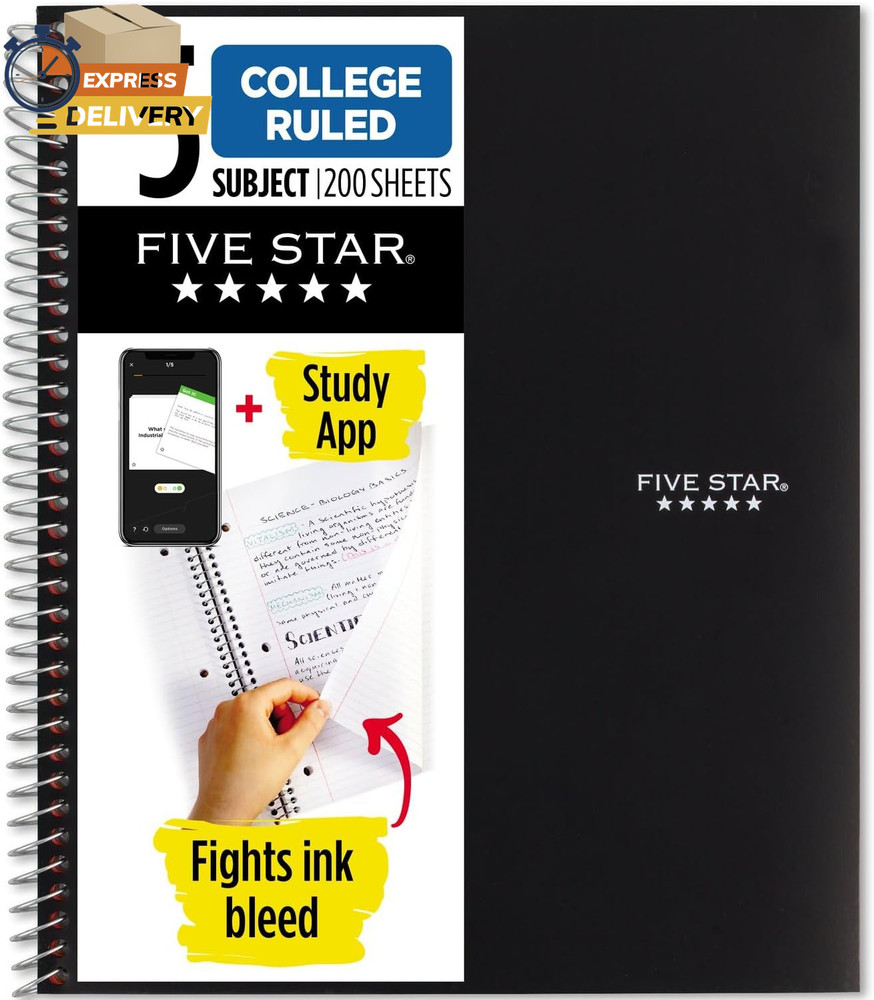 Spiral Notebook, Study App, 5 Subject, College Ruled Paper 200 Sheets