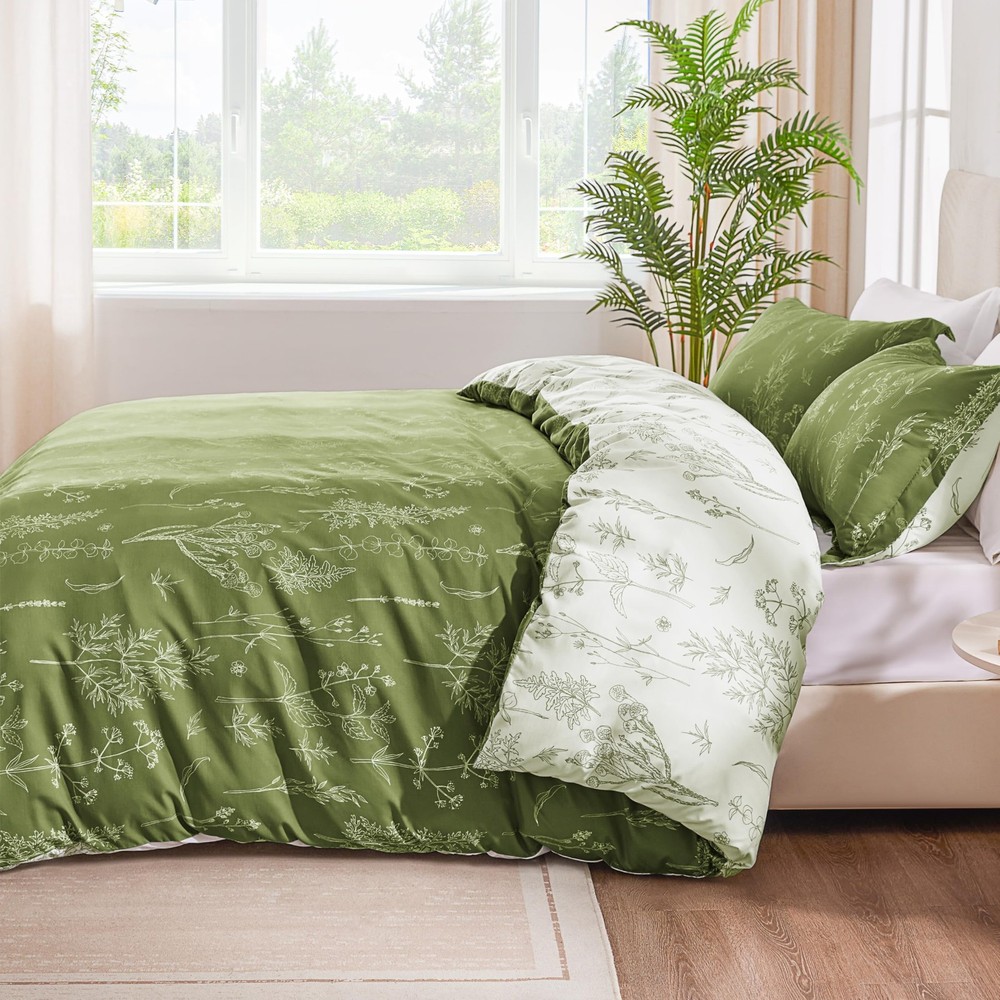 Olive Green Full Comforter Set - Full Size Comforter Set, 3 Pieces Cute Floral