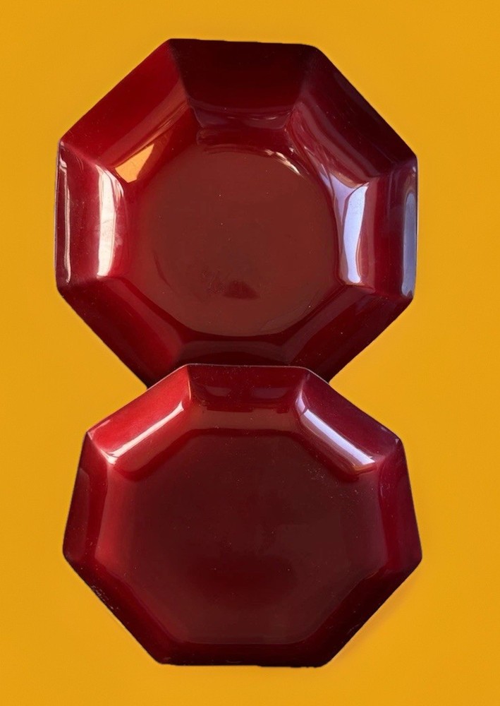 2 REED &BARTON 578 &579 Red Enamel Silverplate Nut Candy Dishes Bowls Octagonal