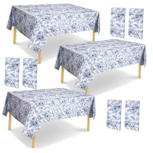 6 Pcs Blue Floral Plastic Table Cloths Vintage Flower Blue Floral Theme