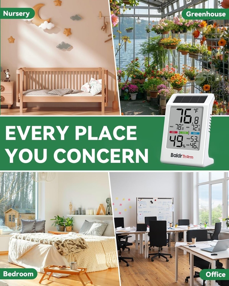 BALDR Indoor Thermometer Hygrometer, Solar Power with Battery Backup, White