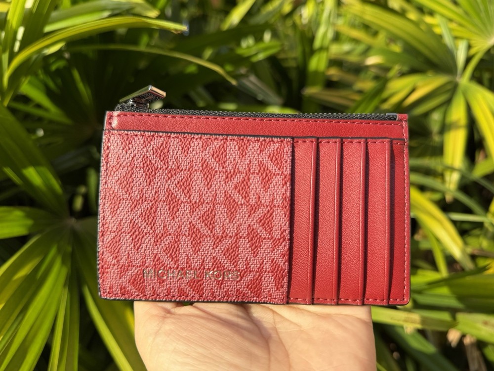 Michael Kors Jet Set Cooper Slim Top Zip Card Case Wallet MK Cherry Multi