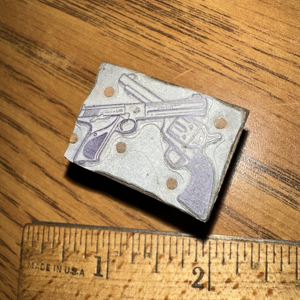 Print Block “ 2 Old Handguns “ Nice Image & Lines!