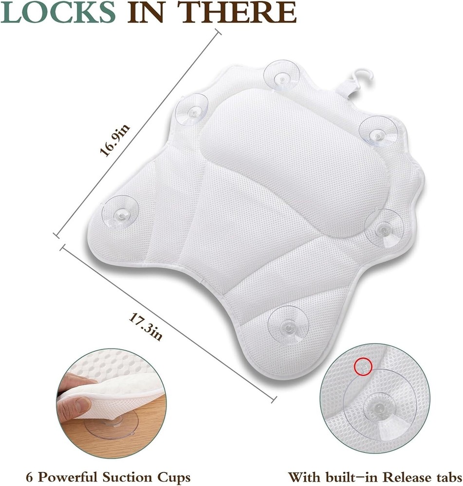 Soft Polyester Bath Pillow with 6 Strong Suction Cups - Enhances Spa Experience