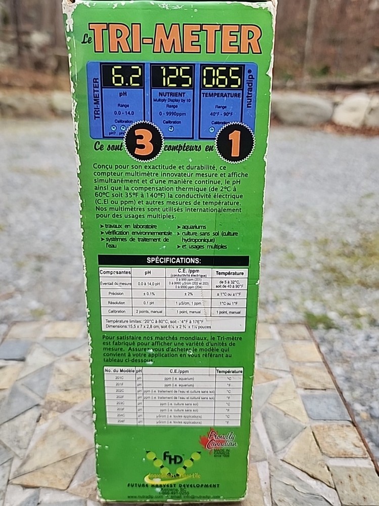 Tri-Meter Nutradip Original 3 In 1 Meter TRI-CMS-202 w/Power Cable. HYDROPONICS