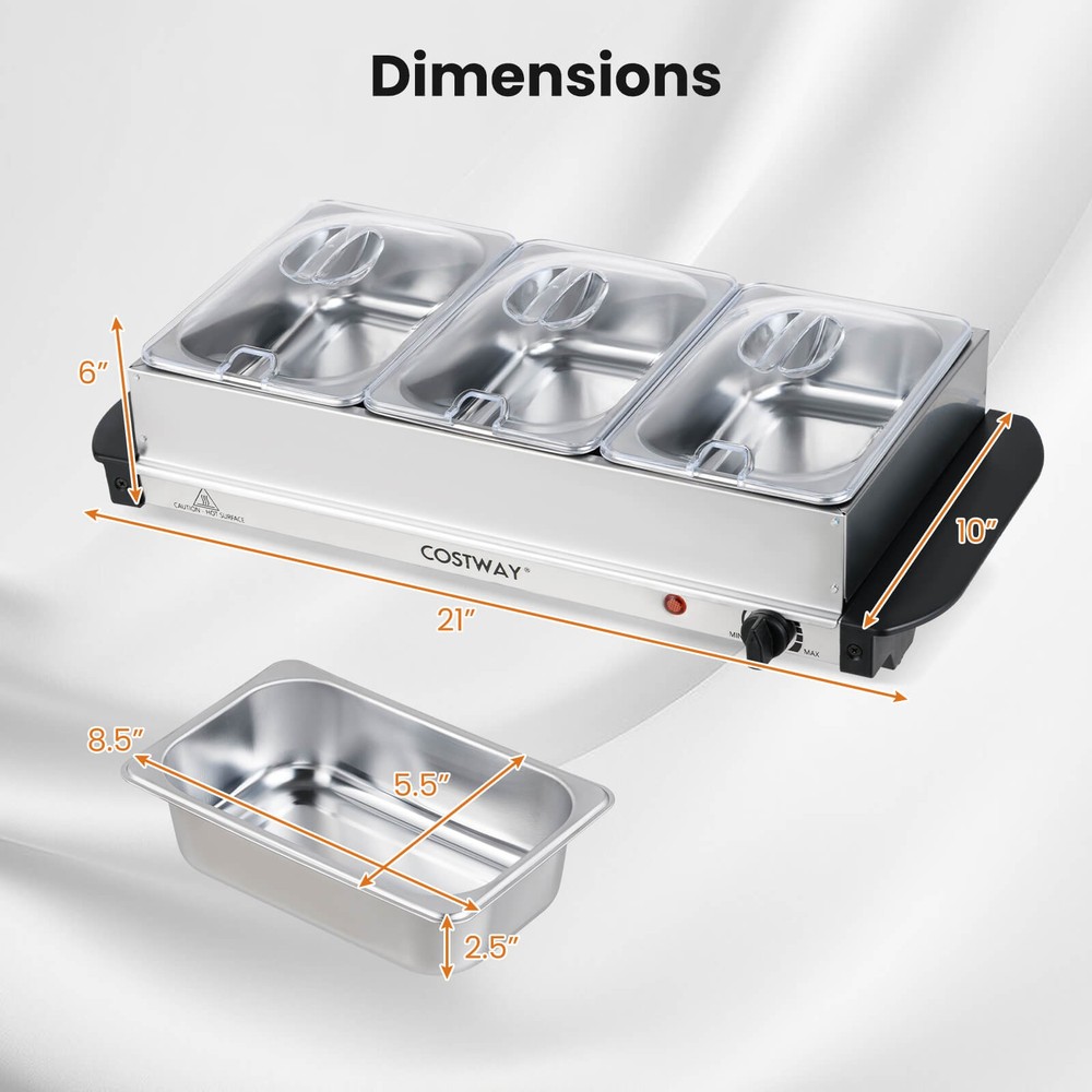 Electric Buffet Server Food Warmer w/3 Removable Trays Adjustable Tempered