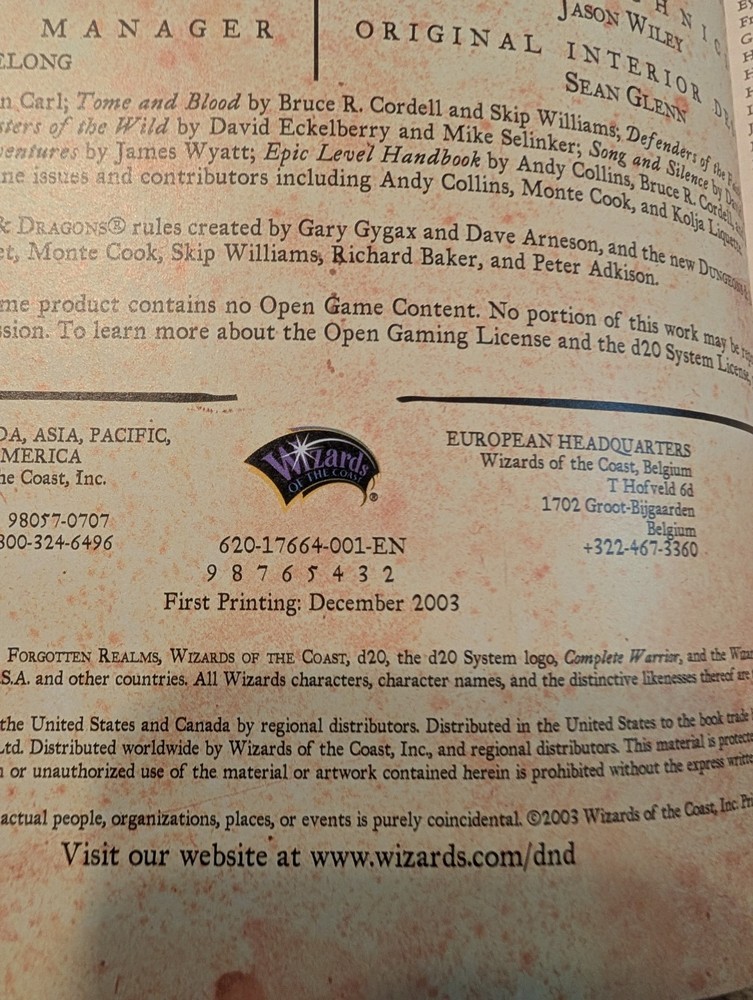 2003 Dungeons & Dragons Supplement Complete Warrior Guide Hardcover Book