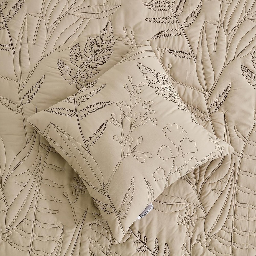 Botanical Oversized Bedspread Queen Size - Leaves Pattern Stitching Quilt Set...