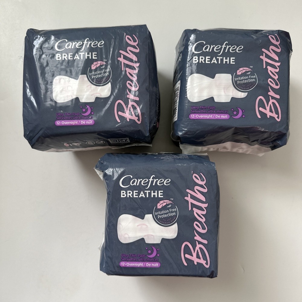 (3) Carefree Breathe Ultra Thin Pads Overnight, 12 Count Each