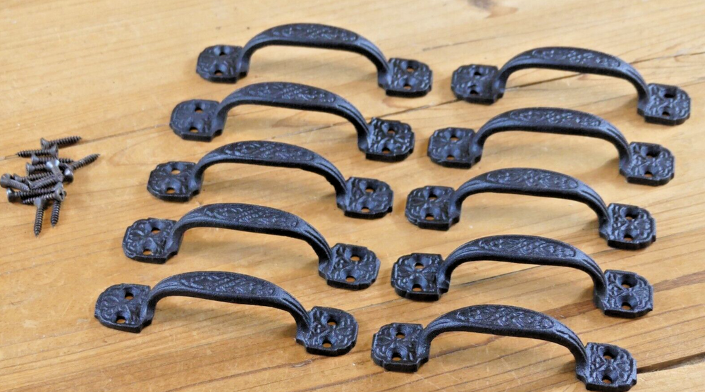 10 Small Drawer Pulls 4 1/4" Window Antique Vintage Style Rustic Cast Iron BLACK