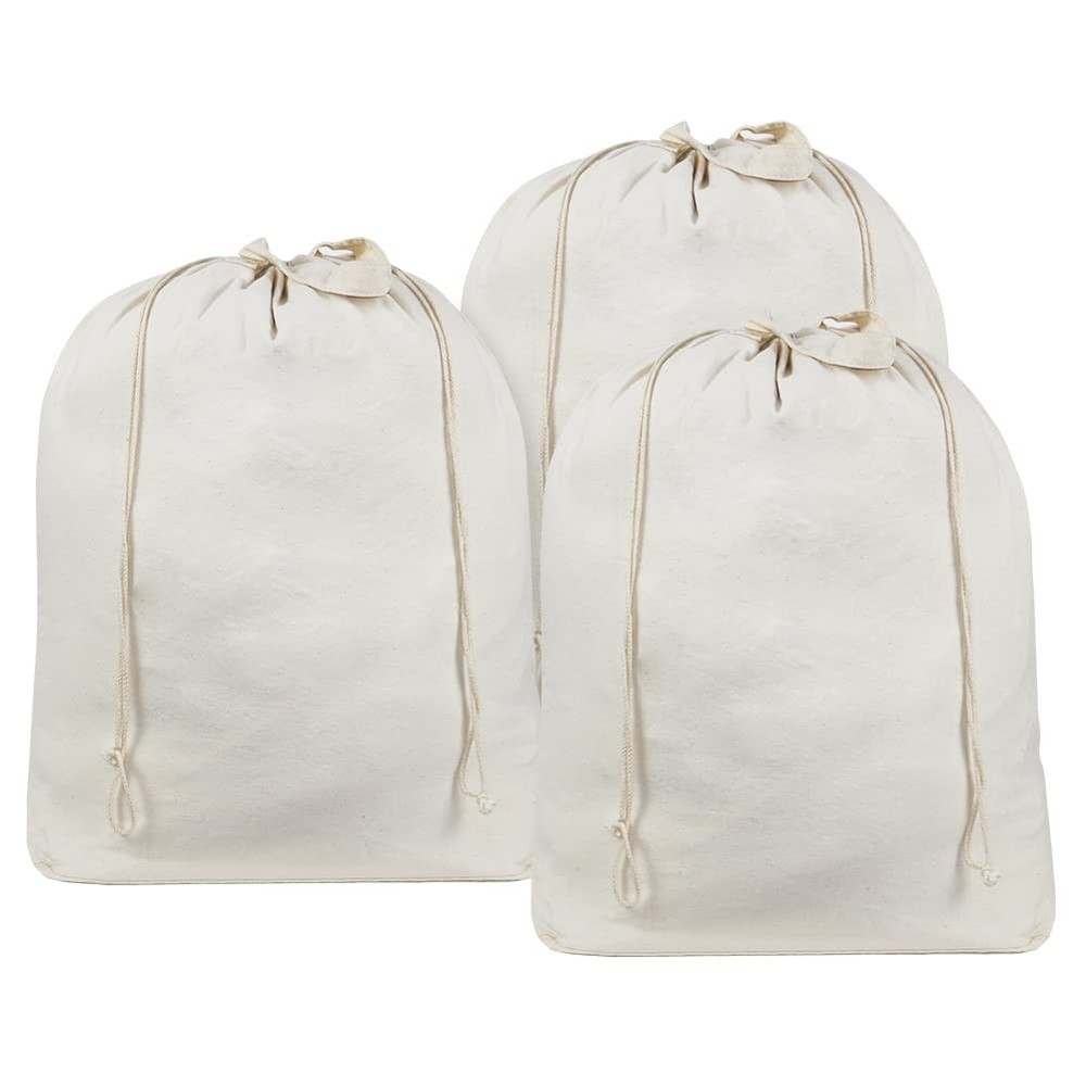 3 PACK EXTRA LARGE NATURAL COTTON LAUNDRY BAG DRAWSTRING TRAVEL ORGANIZER BAG FI