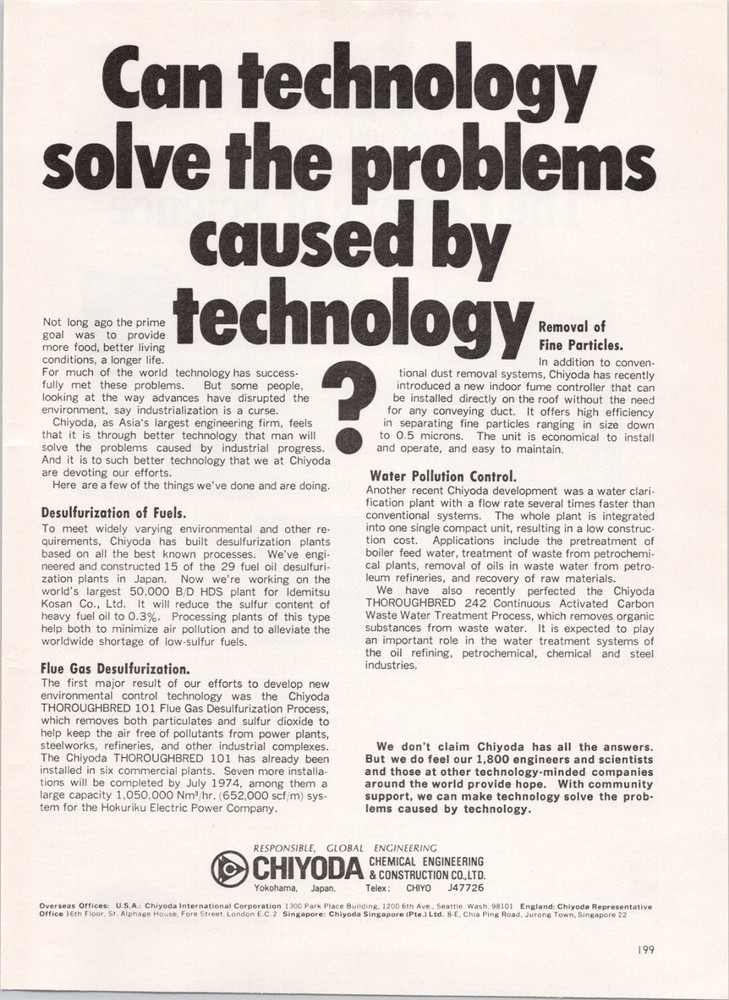 Chiyoda Vtg 1974 Magazine Print Ad Engineering Technology Environmental Japan