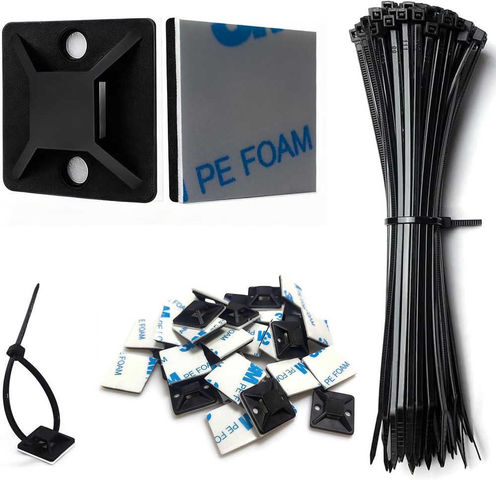 Strong Back-Glue Self Adhesive Cable Zip Tie Mounts Kit - 100 Set Cable Manageme