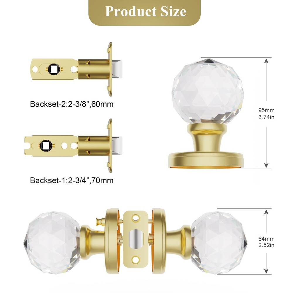 Polished Brass Crystal Glass Door Knobs Interior with Lock, Gold Door Knob Pr...